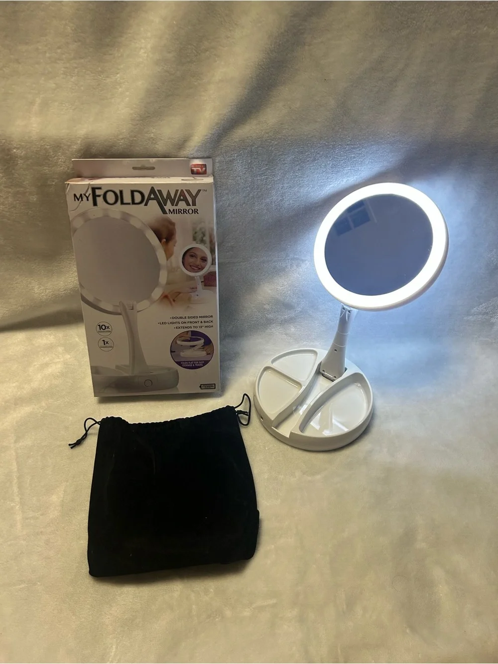 White My Foldaway Mirror vanity LED lights double sided magnification mirror